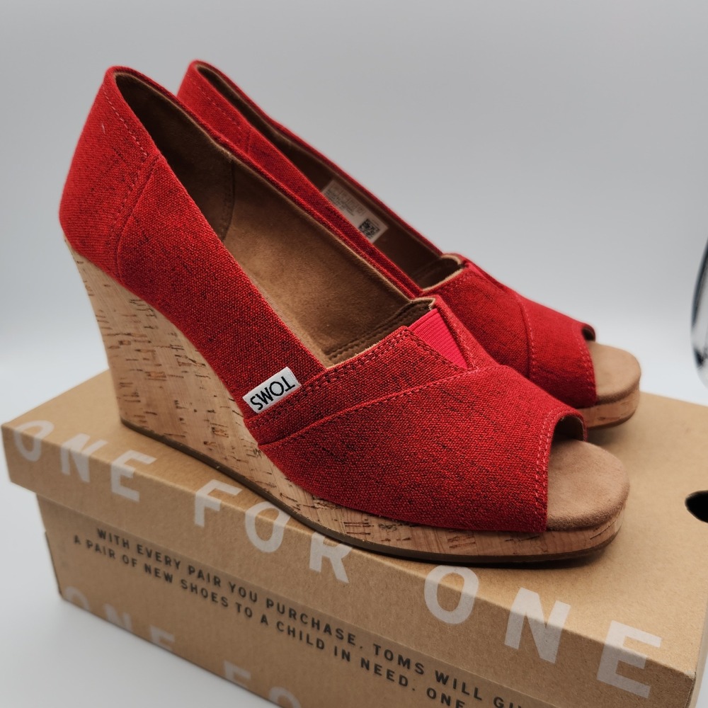 Toms Classic Sandals Womens US 7 Red Canvas Peep Toe Cork Slip On Wedge Heel